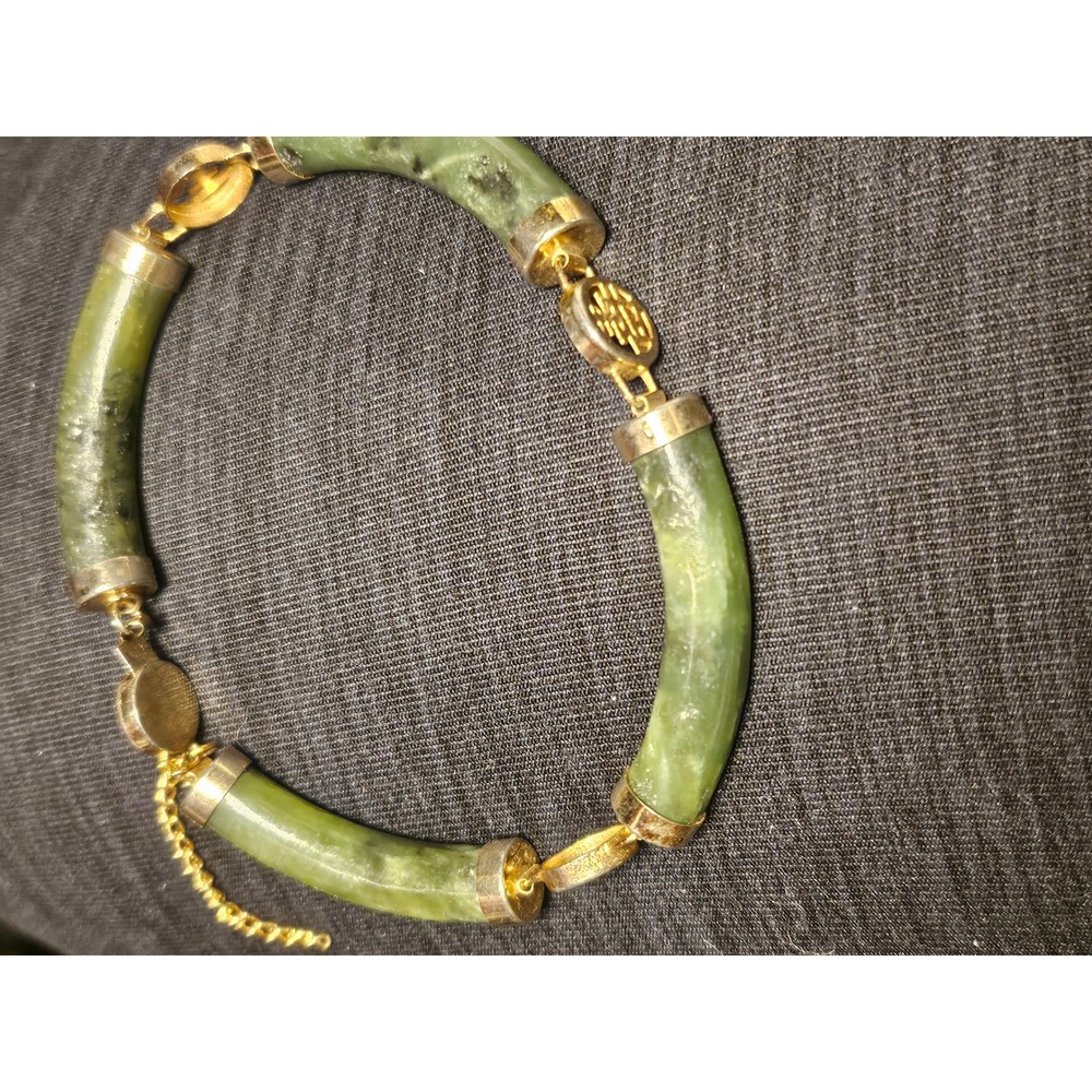 Vintage Green Jade Style Chinese Character Link Bracelet Gold Tone Estate Find